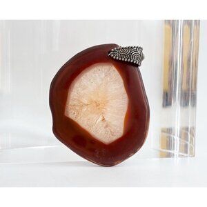 Polished Brown Crystal Free-Form Shaped Large Silver Toned Vintage Pendant